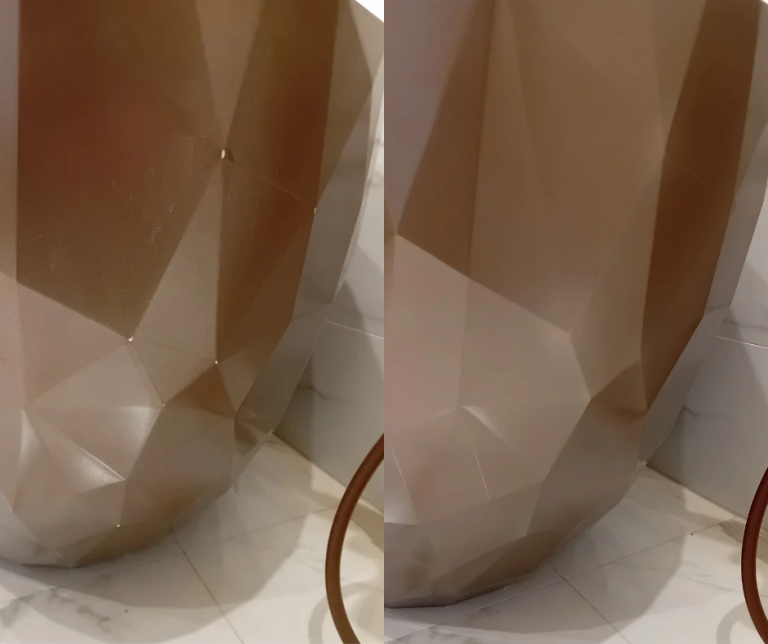 Bath Repair Cardiff A modern copper effect bath on the left with multiple chips in the side and on the right the same bath after being repaired by RestoraBath