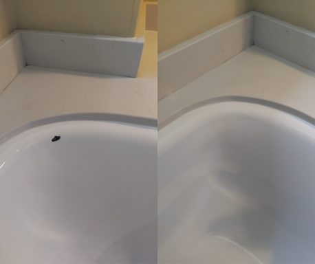 Bath repair Cardiff Before and after photo of a bath with chipped enamel and after being repaired.