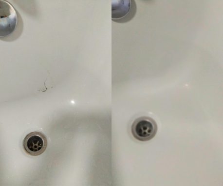 Bath repair Bristol Before and after photo of a cracked bath and after being repaired.